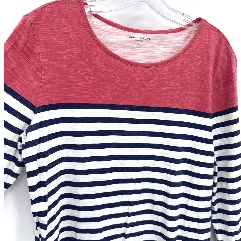 Nautical Coastal Top Medium Red White Blue Striped 3/4 Sleeve 4th of July Shirt - Picture 4 of 7